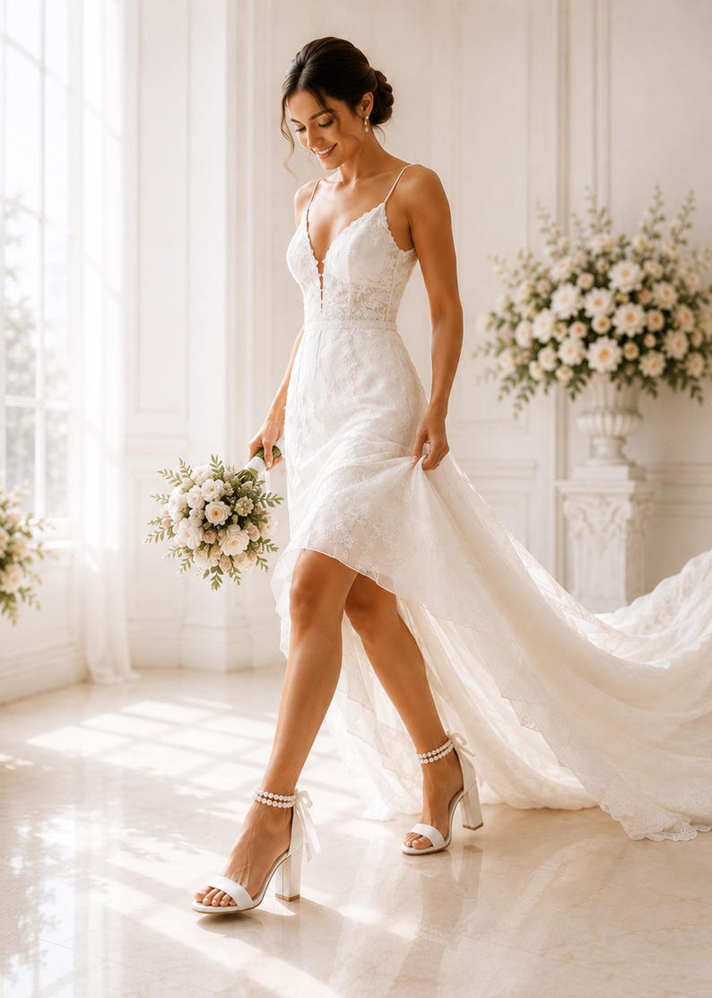 Handmade white bridal block heel sandals with double pearl ankle straps and satin bow closure viewed from the back.