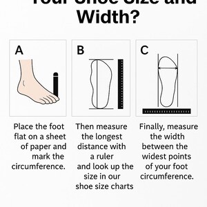 Measurement guide with instructions on how to measure foot length from heel to toe using a sheet of paper and ruler for accurate bridal shoe sizing.