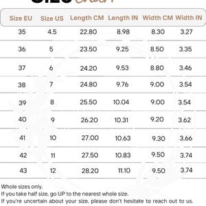 Size chart showing EU and US conversions with foot length measurements in centimeters to help customers choose the correct bridal shoe size.