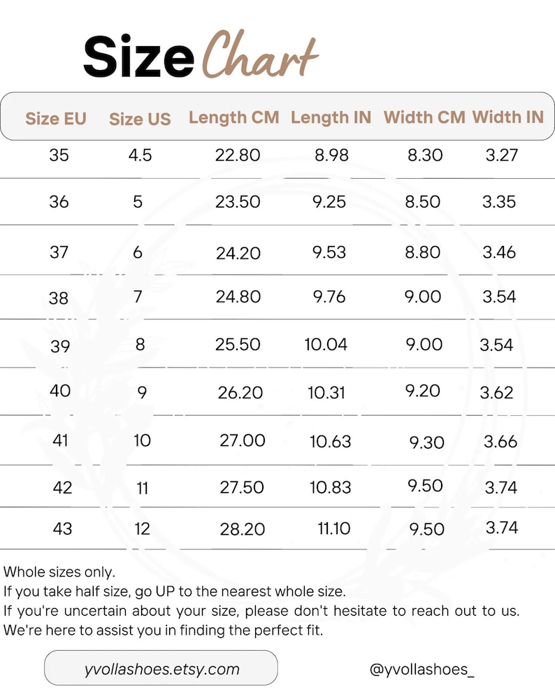 Size chart showing EU and US conversions with foot length measurements in centimeters to help customers choose the correct bridal shoe size.