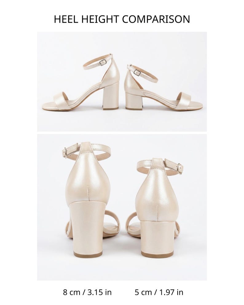 Heel height comparison chart for ivory bridal sandals, showing side and back views with 8 cm (3.15 in) and 5 cm (1.97 in) block heels.