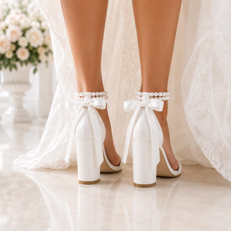 Back view of white bridal heels showing double pearl ankle straps, ribbon bows and block heels.