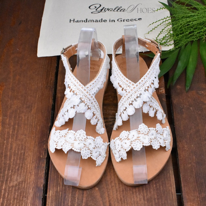 Boho Wedding Shoes, White Lace Flat Sandals, Leather Bridal Shoes, Beach Wedding, Bridal Sandals, AIRAM immagine 7