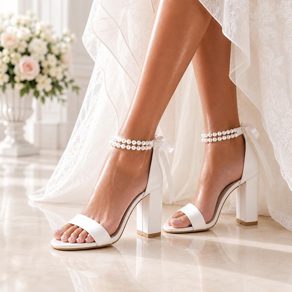 White Wedding Block Heel Sandals, Leather Bridal Shoes with Pearl Ankle Straps