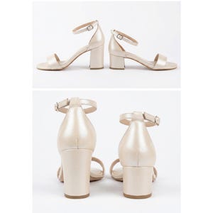 Heel height comparison chart for ivory bridal sandals, showing side and back views with 8 cm (3.15 in) and 5 cm (1.97 in) block heels.
