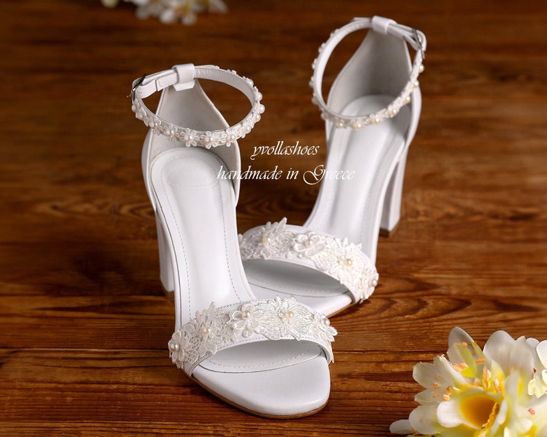 Block Heel Leather Wedding Sandals, Women Wedding Shoes with WHITE LACE, Bridesmaid Shoes, Evening Heels by YvollaShoes image 1