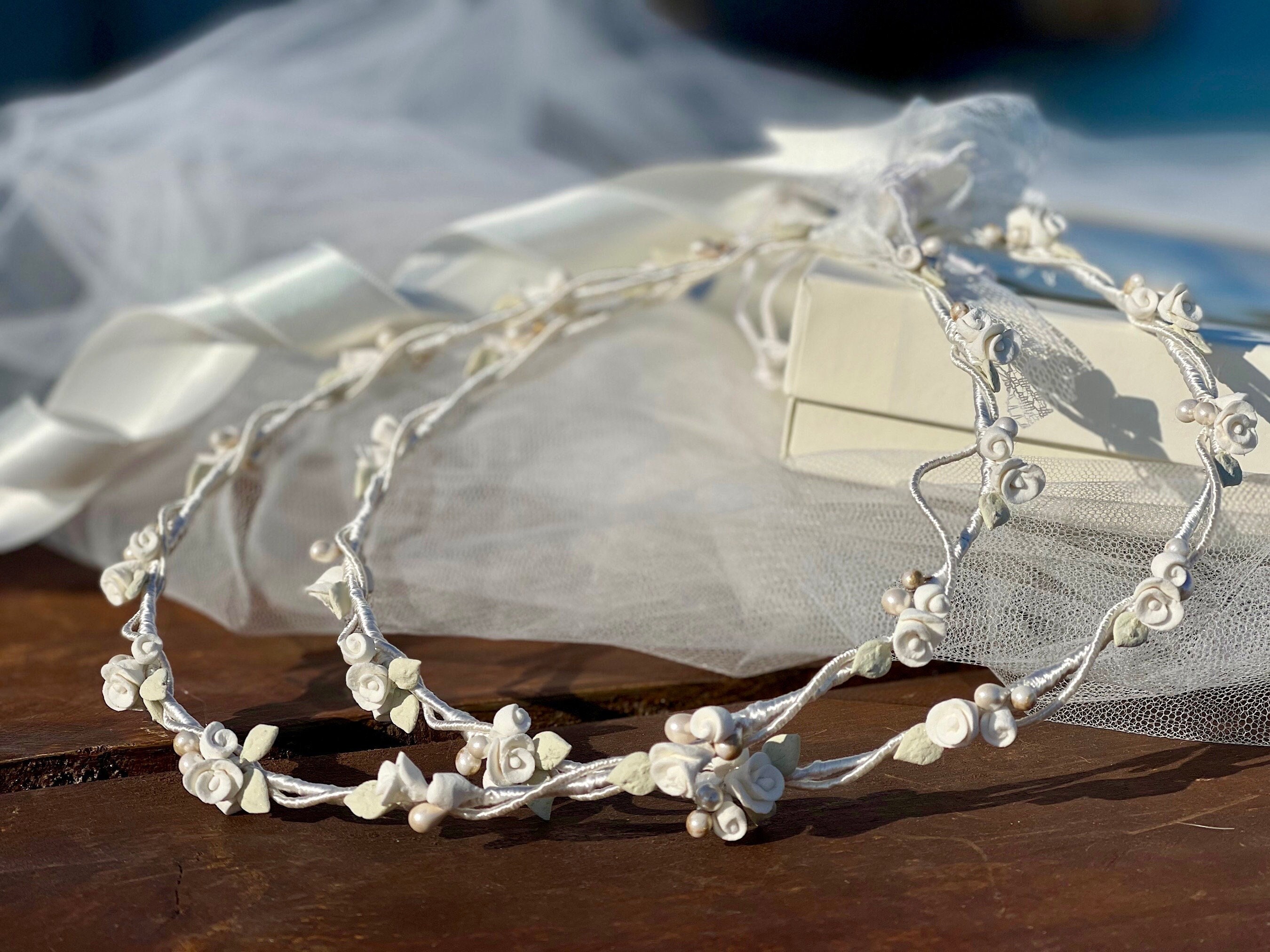 Handmade Greek Wedding Crowns: Porcelain Flowers, Pearls  display picture 1