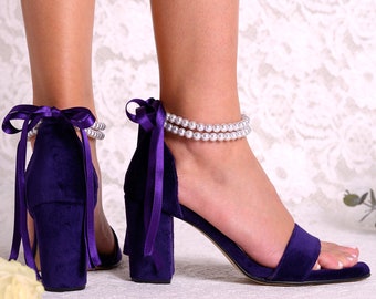 Block Heel Dark Purple Velvet Wedding Shoes, Women Sandals, Bridesmaid Shoes, Bridal Shoes with Pearl Ankle Strap, "SILVIA"
