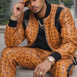 MCM Inspired Tracksuit Set for Men | Luxury Monogram Jacket Pants and Cap Set | Designer Streetwear Tracksuit | Fashion Hip Hop Outfit