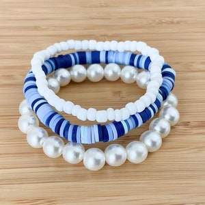 Heishi bracelet Bracelet for women Trendy Polymer Clay Bracelet  blue/pearl  Clay bead bracelet stack Beaded Bracelets clay bead bracelets