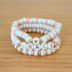 Personalized Name Beaded Bracelet Stack for women, Pastel Heishi bracelet stack, Custom Word bracelets for Girls, custom bracelet stack gift