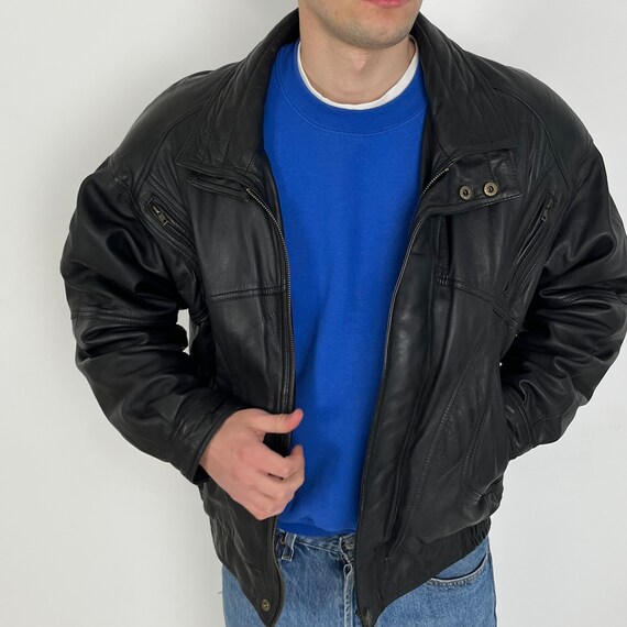 black vintage leather jacket men, 90s leather jac… - image 1