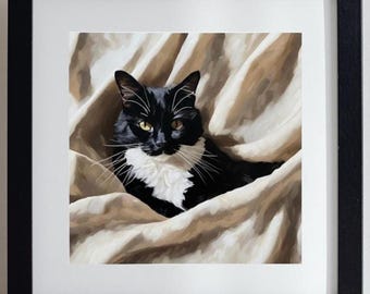 Tuxedo Cat Print, Black and White Portrait on Canvas or Framed