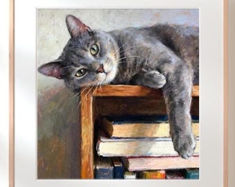 Pastel Cat Portrait Print, Gray Cat on Bookshelf in Fine Art Style