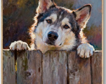 Husky Dog Art Print – Oil Pastel Portrait, Framed or Canvas Wall Decor