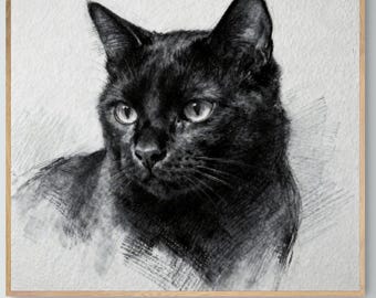 Black Cat Art Print – Realistic Charcoal Drawing, Framed or Canvas