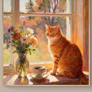Impressão artística de gato malhado laranja: pintura floral para janela, presentes para amantes de gatos