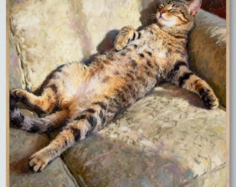 Sleeping Tabby Cat Art Print - Oil Pastel Painting