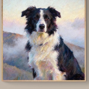 May include: A framed painting of a Border Collie dog. The dog has black and white fur and is set against a backdrop of a mountain landscape with a soft, pastel color palette. The dog is looking directly at the viewer.