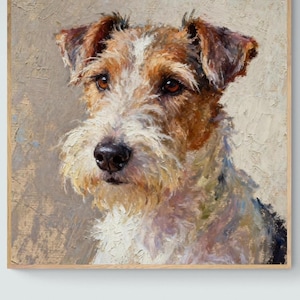 May include: Oil painting of a Wire Fox Terrier dog in a wooden frame. The dog has brown and white fur, with a white muzzle and a black nose. The background is a neutral beige colour.