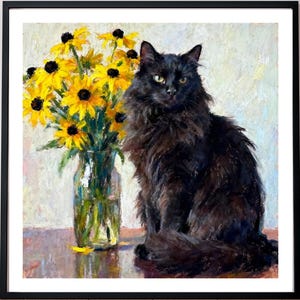 Black Cat Portrait - Long Haired Kitty Oil Pastel Art Print, Framed or Canvas