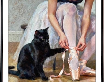 Black Cat Painting Art Print – Ballet Cat and Dancer in Oil Pastel