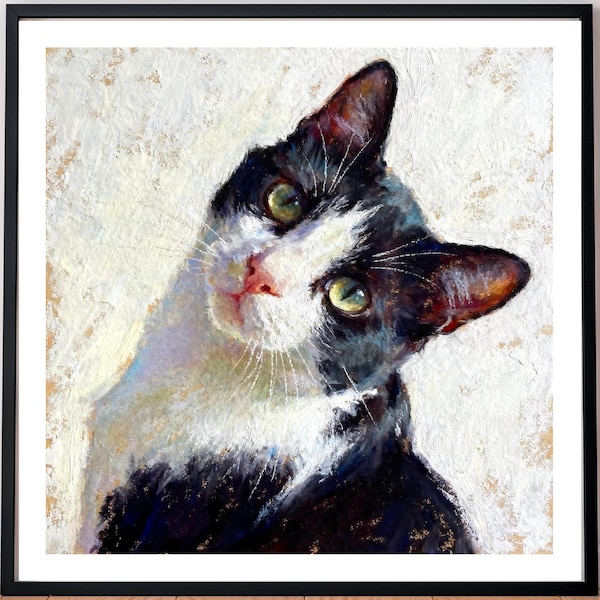 Tableau chat noir et blanc, impression d'art pastel à l'huile encadrée