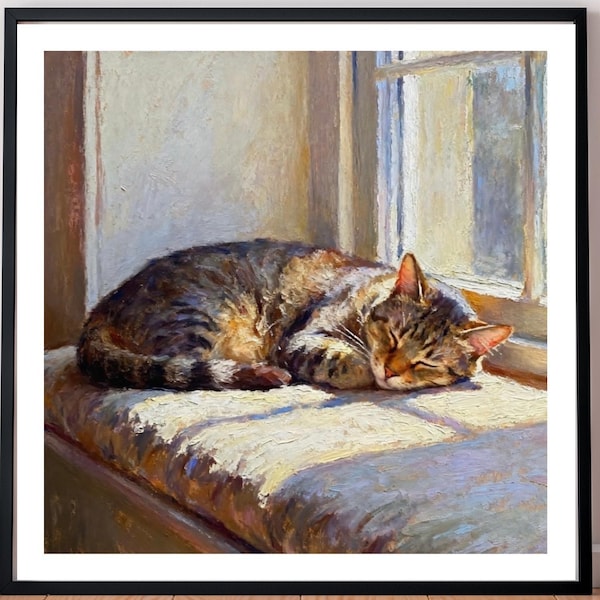 Impression d'art chat tigré endormi, options sur toile ou encadrées disponibles