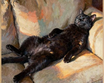 Black Cat Art Print, Playful Oil Pastel Portrait of Sleeping Cat