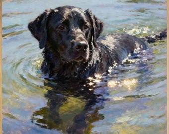 Black Lab Print, Swimming Dog Art in Framed or Canvas Options