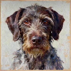 May include: A square oil painting featuring a portrait of a wirehaired dog with brown and grey fur, amber eyes, and a dark nose. The dog is depicted against a textured, light-coloured background with visible brushstrokes and a wooden frame.