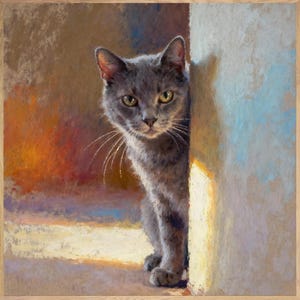 May include: A square wall art print featuring an oil painting of a grey cat peeking from behind a light-colored wall. The cat has yellow eyes and long whiskers, set against a textured background with warm orange, brown, and blue tones.