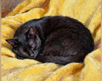 Black Cat Painting Art Print, Cozy Sleeping Kitty on Yellow Blanket