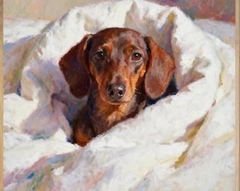 Dachshund Art Print - Whimsical Oil Pastel Painting, Framed or Canvas