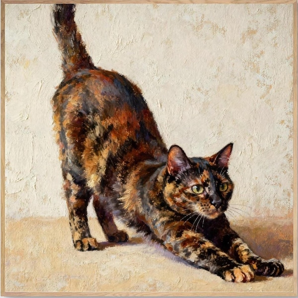 Tortoiseshell Cat Art Print, Oil Pastel Painting on Canvas or Framed