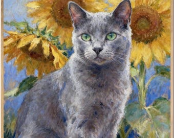 Russian Blue Cat Art Print, Oil Pastel with Sunflowers