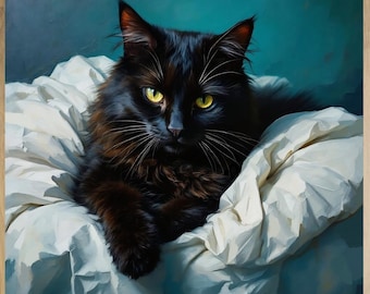 Black Cat Art Print - Oil Pastel Painting, Framed or Canvas Decor