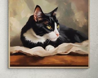 Tuxedo Cat Portrait Fine Art Print | Painting | Free Shipping | Gifts for Cat Lovers | Impressionist Art | Cardstock Paper | Optional Frame