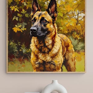 Belgischer Malinois Kunstdruck: Goldenes Laub Haustier Portrait, optionaler Rahmen