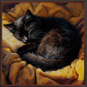 黒猫の眠るファインアートプリント | 油絵 | 壁飾り | 猫好きの方へのギフト | 印象派 | カラフル | ムーディー | 厚手のアート紙