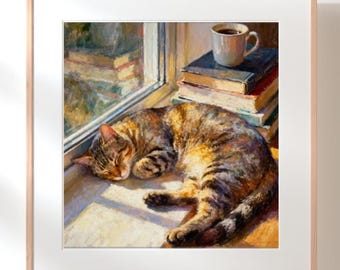 Sleeping Tabby Cat Art Print, Cozy Cat Painting on Canvas or Framed