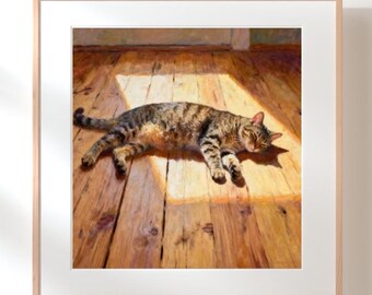 Sleeping Tabby Cat Sunbathing Art Print, Oil Pastel Painting on Paper