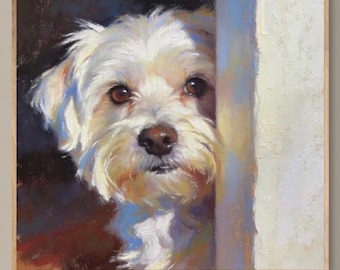 White Maltese Dog Art Print – Oil Pastel Painting