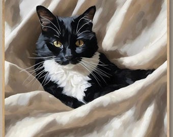 Tuxedo Cat Art Print – Oil Painting Portrait, Framed or Canvas