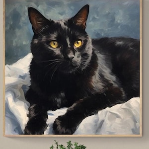 Black Cat Kunstdruck – Ölgemälde einer Katze mit goldenen Augen auf weißem Stoff
