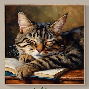 Sleeping Cat Art Print - Cozy Tabby Portrait, Framed or Canvas Wall Decor