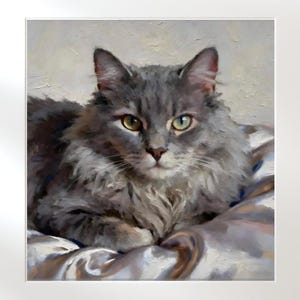 Gray Cat Oil Pastel Art Print – Longhaired Feline, Green Eyes, Textured Fur
