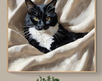 Tuxedo Cat Portrait Fine Art Print | Free Shipping | Wall Decor | Gifts for Cat Lovers | Cardstock Art Paper | Optional Framing