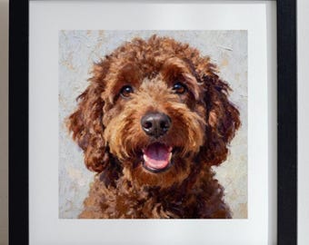 Labradoodle Dog Portrait Art Print, Oil Pastel Framed or Canvas