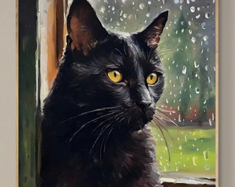 Black Cat by a Rainy Window Fine Art Print | Oil Painting | Wall Decor | Gifts for Cat Lovers | Cottagecore Art